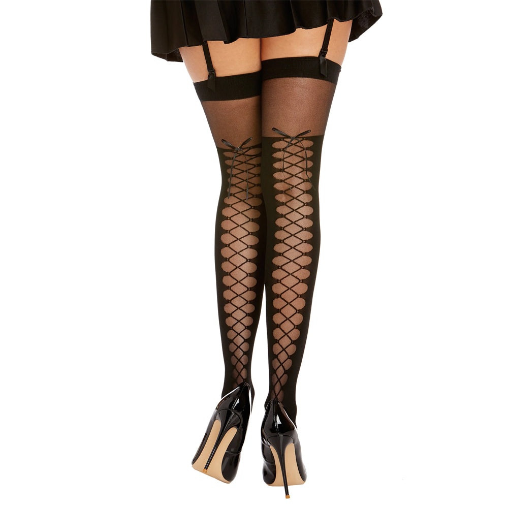 Dreamgirl Lingerie Sheer Thigh High Stockings Knitted Lace-Up Boot 0219 - Black