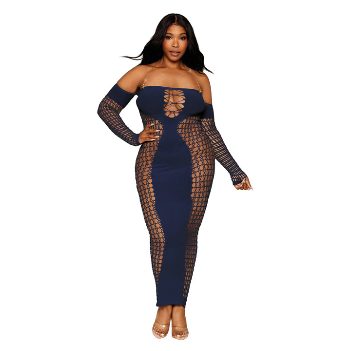 Dreamgirl Plus Size Bodystocking Gown Gold Halter Chain 0486X - Denim