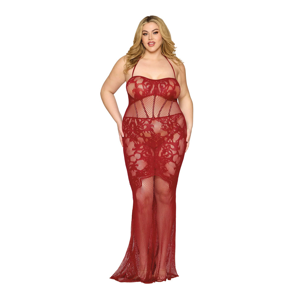 Dreamgirl Plus Size Bodystocking Lace Gown 1487X - Ox Blood