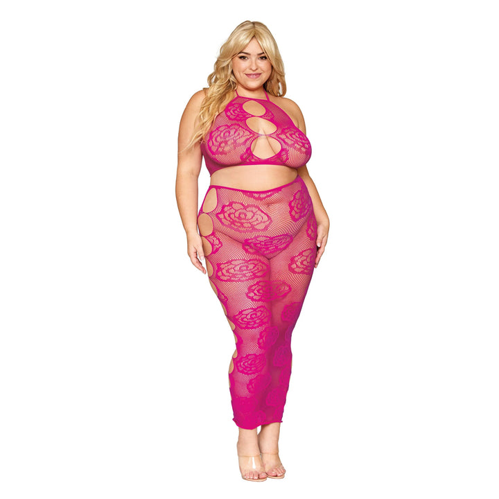 Dreamgirl Plus Size Bralette Skirt Set Rose Fishnet 0485X - Beet