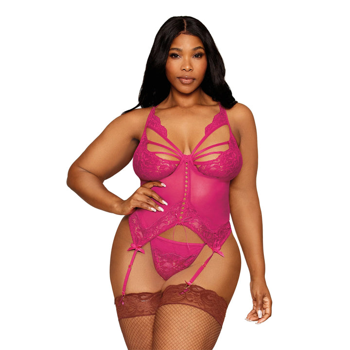 Dreamgirl Plus Size Floral Lace Mesh Bustier G-string Set 13283X - Beet