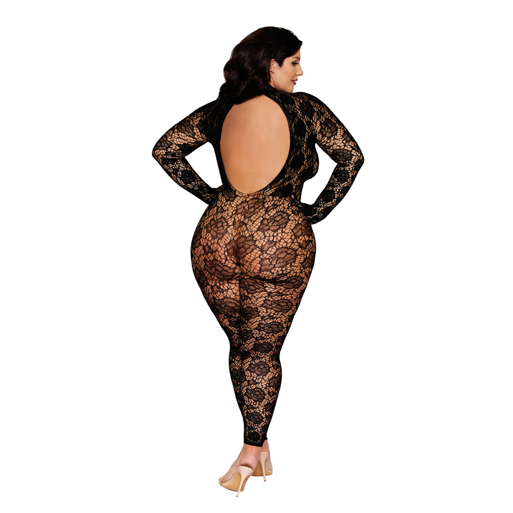 Dreamgirl Plus Size Floral Pattern Long Sleeve Bodystocking 0516X - Black