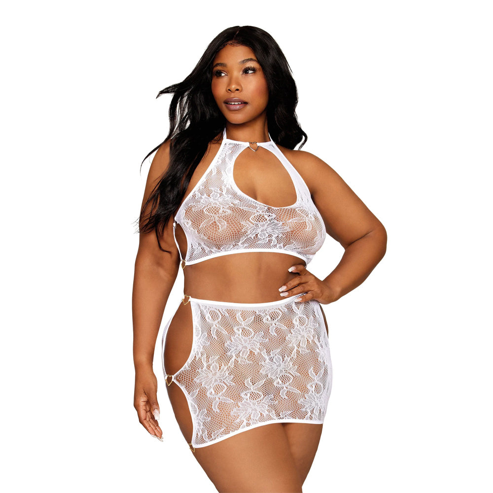 Dreamgirl Plus Size Lace Bralette Mini-Skirt Set 13309X - White