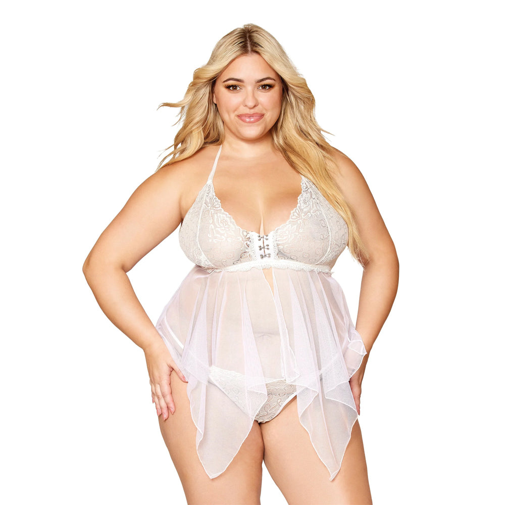 Dreamgirl Plus Size Lace and Mesh Babydoll and G-string Set 13314X - White