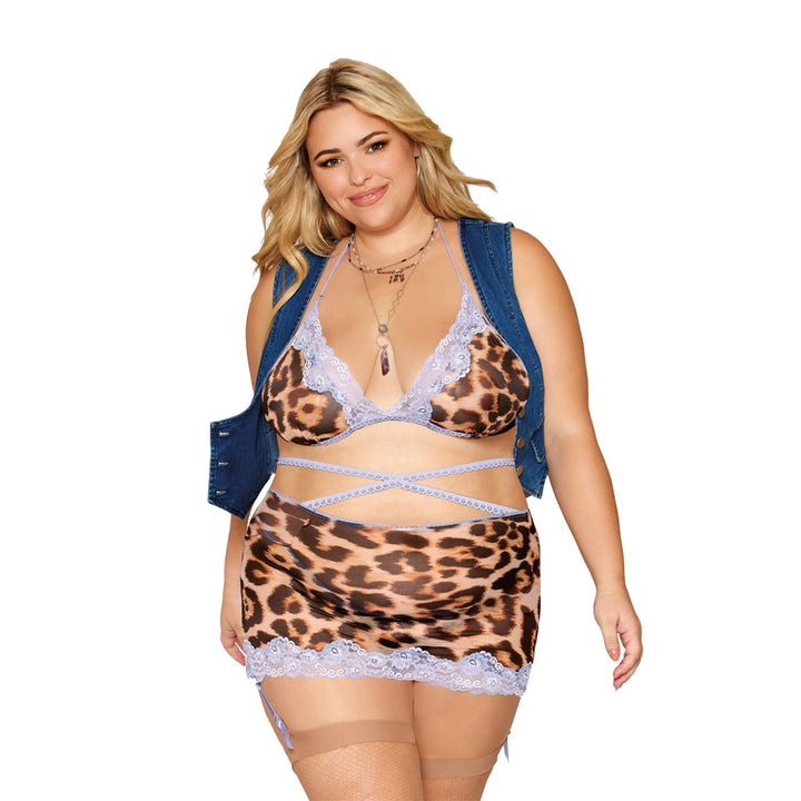 Dreamgirl Plus Size Leopard Mesh Lace Bralette Garter Skirt Set 13278X