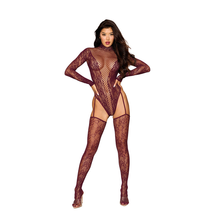 Dreamgirl Teddy Bodystocking Garter Stockings 0532 - Burgundy