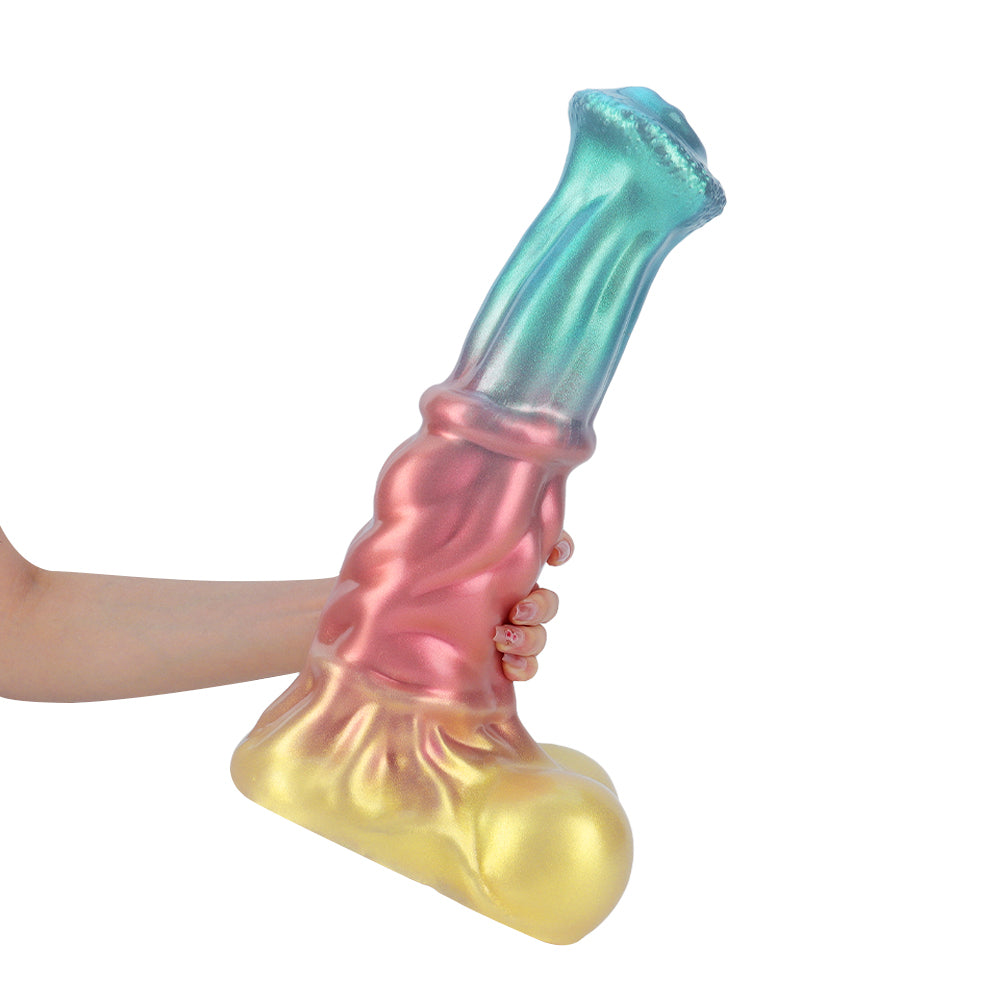 Fantasy Unicorn Platinum Silicone Dildo 14.2 Inch - Metallic Rainbow