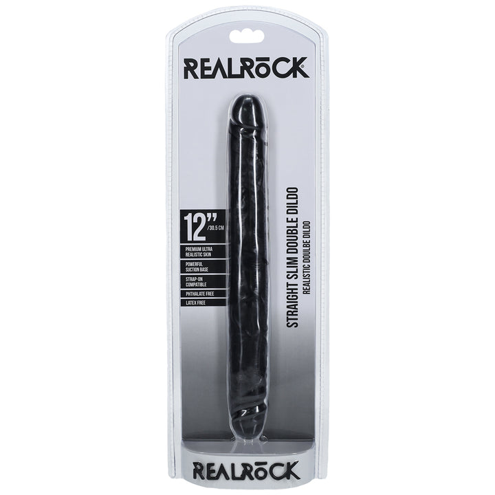 Shots Real Rock Straight Slim 12 Inch Double Dildo - Black