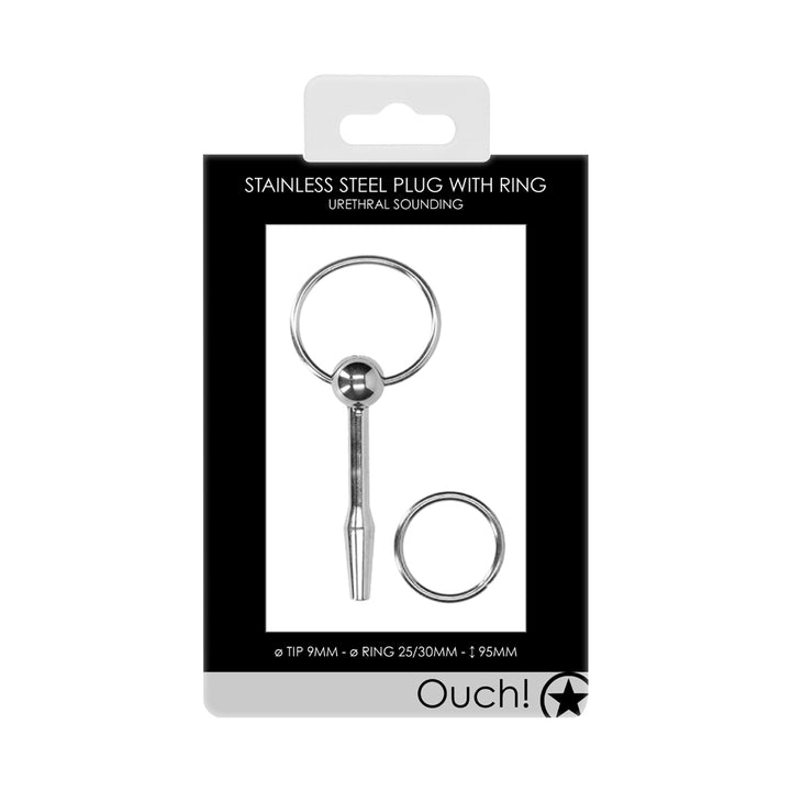 Shots Ouch Urethral Stainless Steel Plug With 2 Rings - 9mm