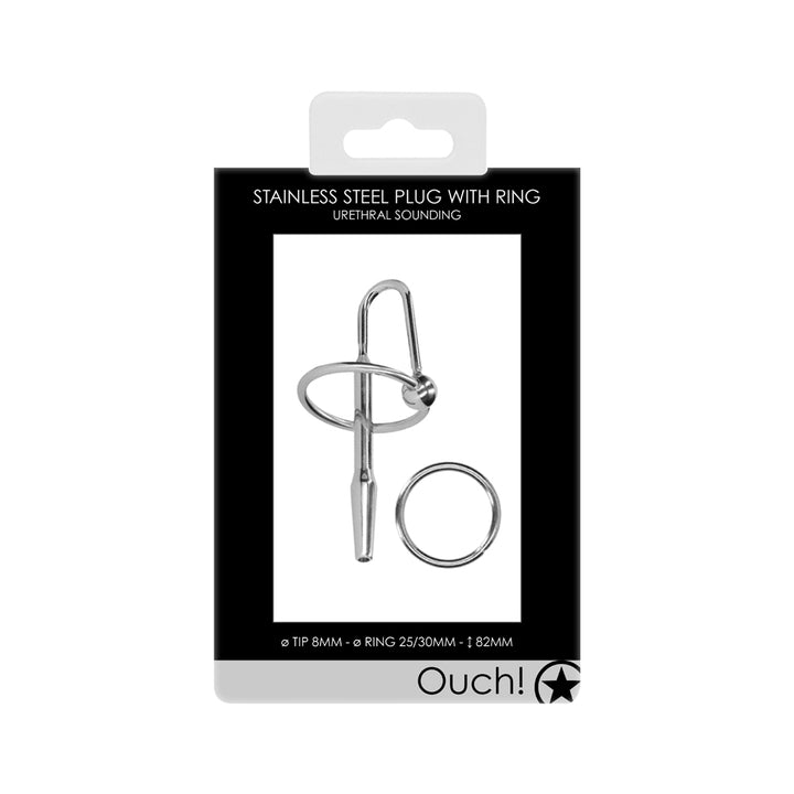 Shots Ouch Urethral Stainless Steel Plug & Glans Rings - 8mm