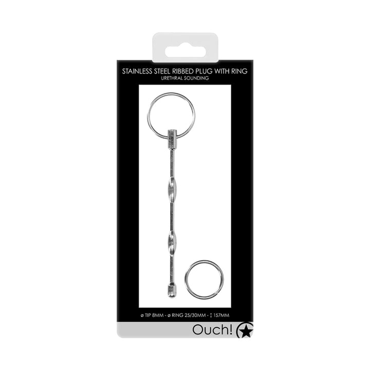 Shots Ouch Urethral Stainless Steel Ribbed Plug With 2 Rings - 8mm