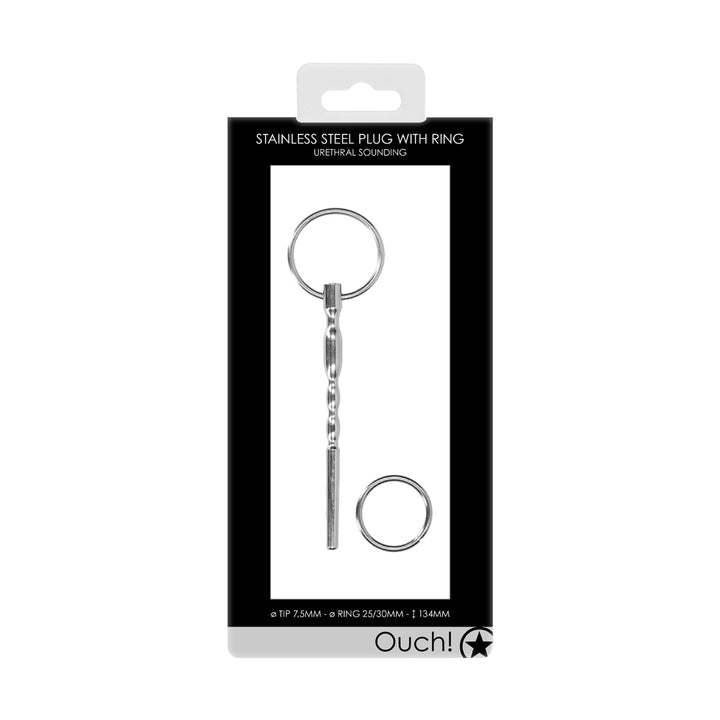 Shots Ouch Urethral Stainless Steel Wavy Plug With 2 Rings - 8mm