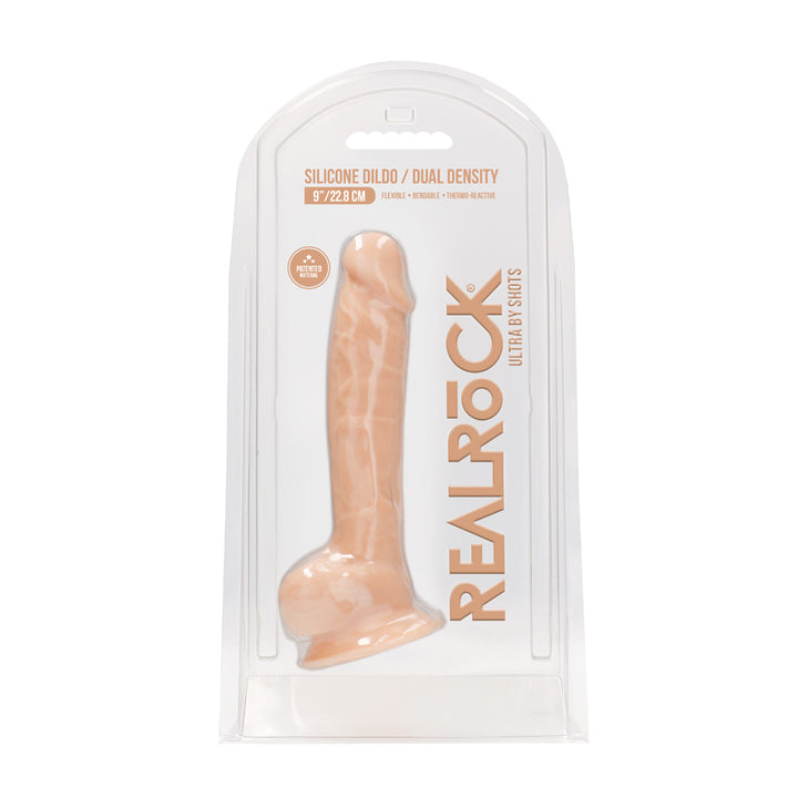 Shots Real Rock Dual Density Silicone Dildo With Balls 9 Inch - Light