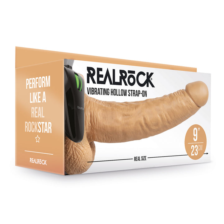 Shots Real Rock Hollow Strap On With Balls Vibrating 9 Inch - Tan