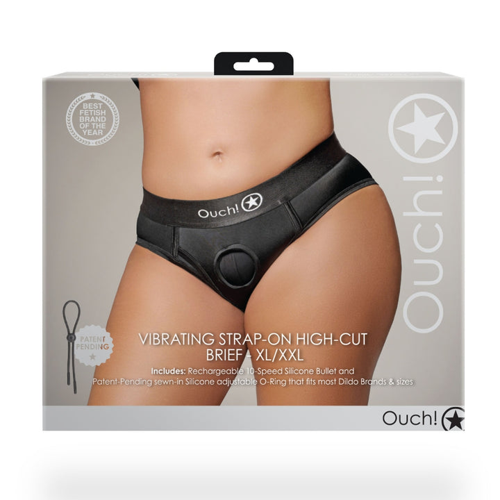 Shots Ouch! Vibrating Strap On High Cut Brief - Black