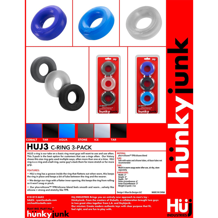 HunkyJunk HUJ Cock Ring 3 Pack - Stone & Ice