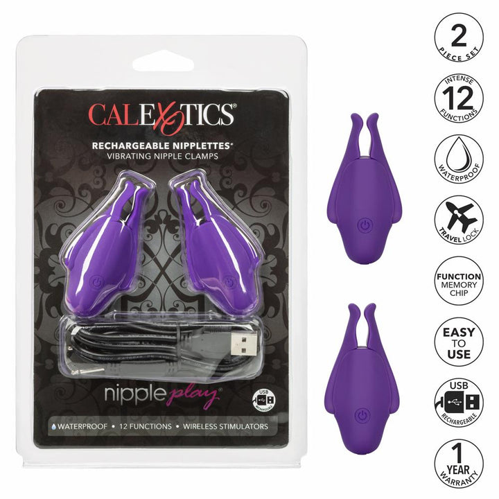 Calexotics Nipple Play Rechargeable Nipple Clamps - Purple