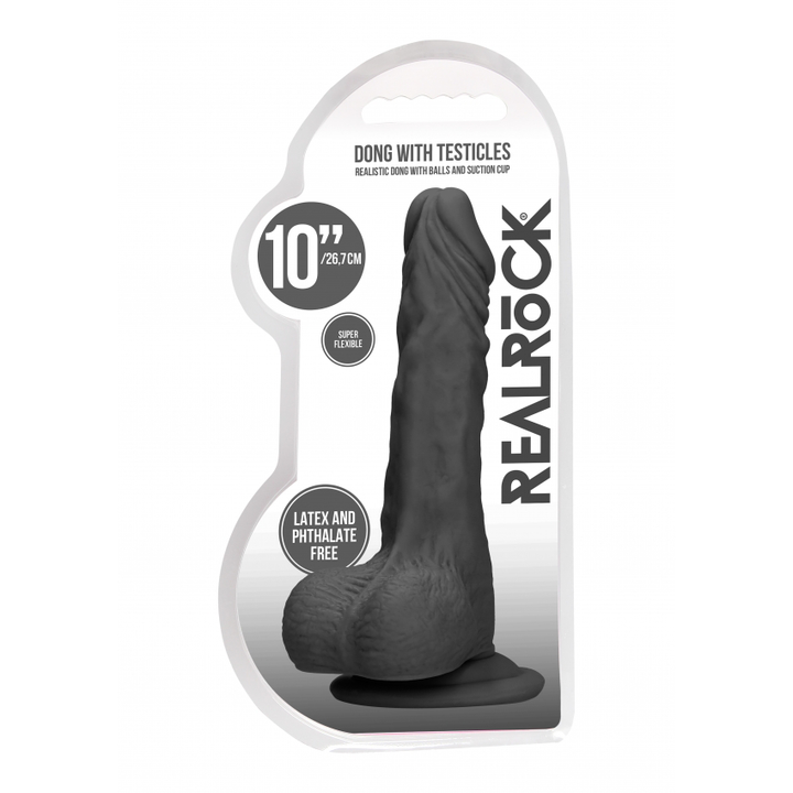 Shots Real Rock Skin Dong With Balls 10 Inch - Black