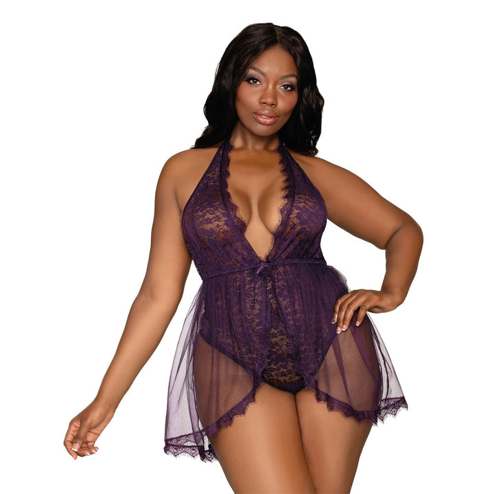 Dreamgirl Halter Plunge Front Stretch Lace Teddy Eggplant 11513X