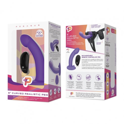 Pegasus Remote Control 6 Inch Curved Realistic Silicone Peg With Harness - Purple