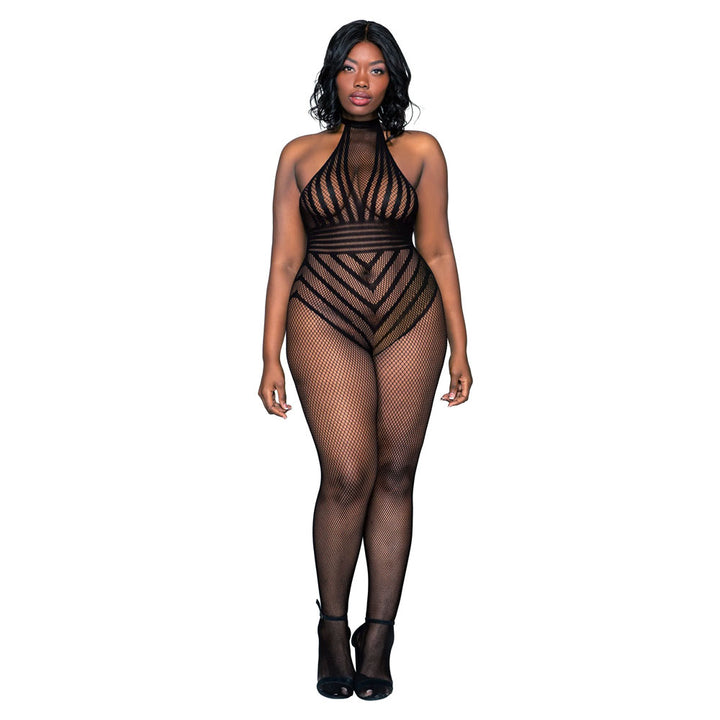 Dreamgirl Open Crotch Fishnet Bodystocking with Halter Neck Black 0402X