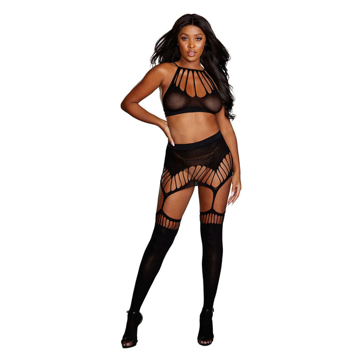 Dreamgirl Semi-Opaque Seamless Bralette & Garter Skirt Set Black 0356